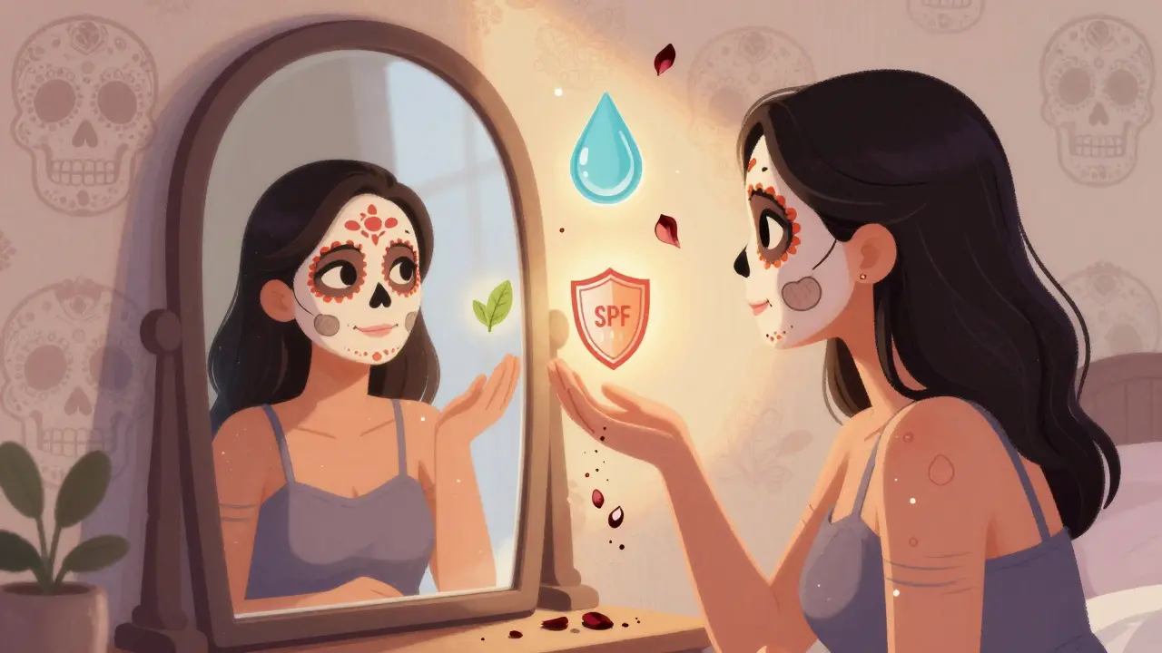 Послеродовая женщина смотрит в зеркало, ее кожа светится, вокруг — символы безопасного ухода и растворяющиеся вредные вещества.