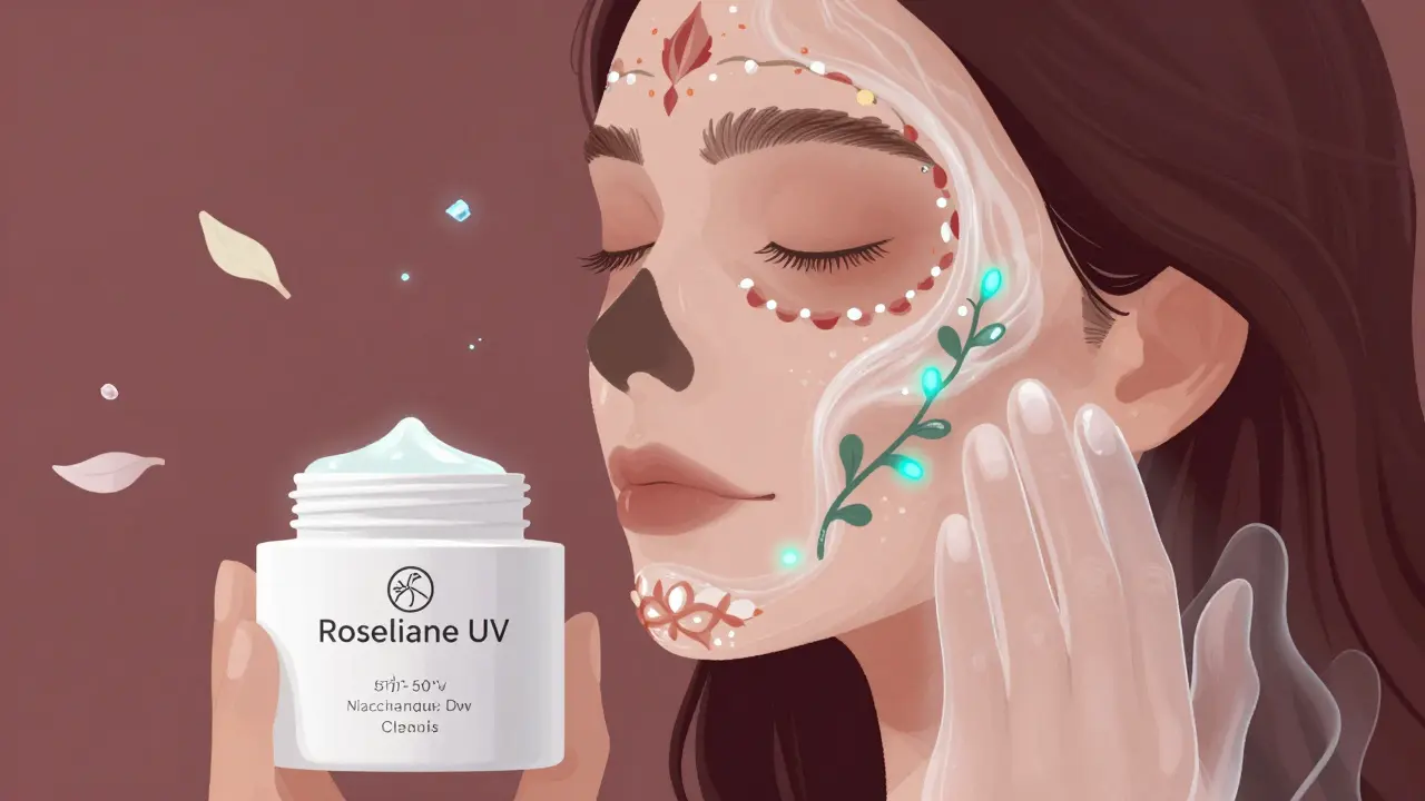 Прозрачная текстура SPF с glowing компонентами, нанесенная на кожу, рядом — керамическая баночка.