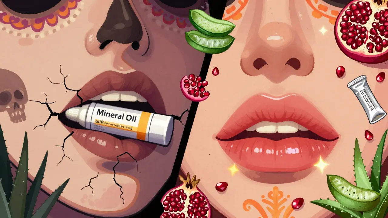 Разделённая сцена: повреждённые губы с дешёвым бальзамом и здоровые с натуральными активами.