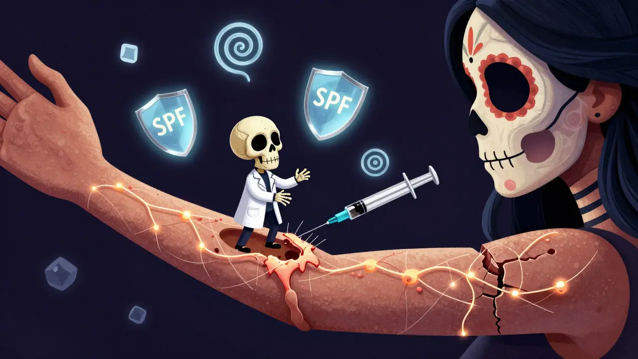 Разрушающиеся коллагеновые волокна под кожей, врач-скелет вводит увлажняющую сыворотку, вокруг — светящиеся ингредиенты.
