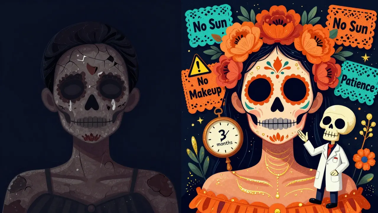 Сравнение до и после микронидлинга: тусклая кожа превращается в цветущую, в стиле Дня мёртвых.