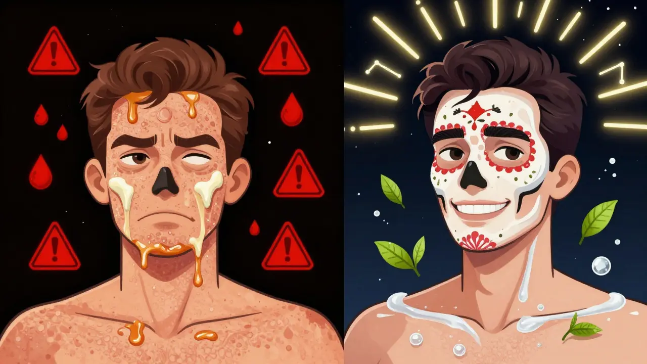 Сравнение: липкий крем слева и невесомая защита справа, с символами загрязнения и чистоты кожи.