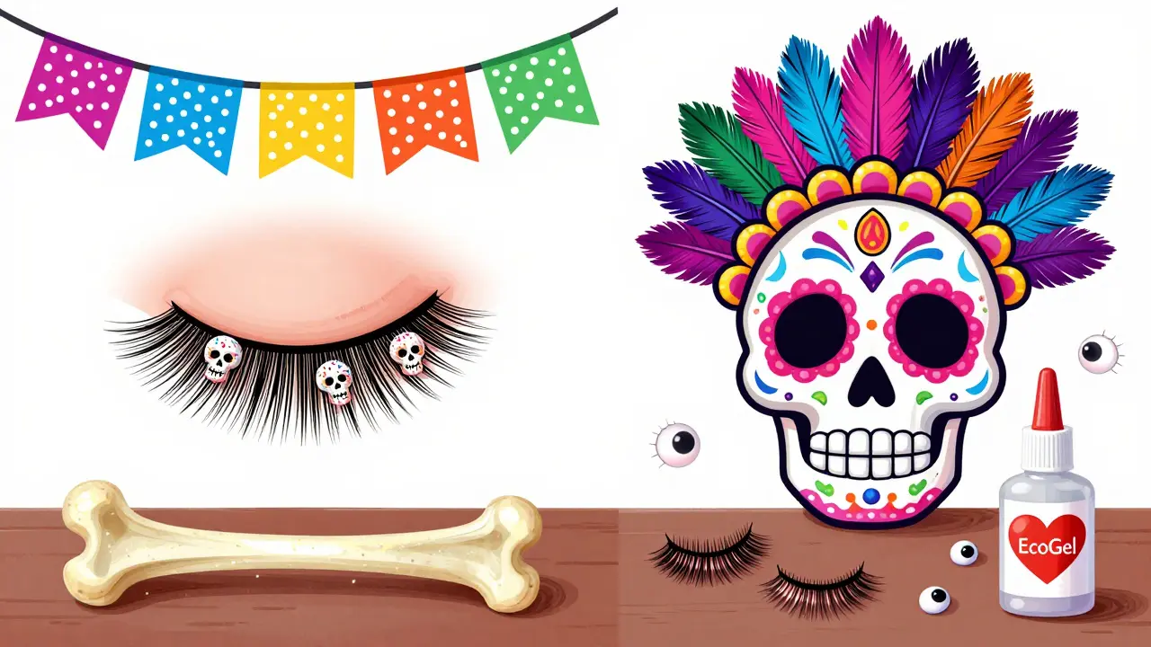 Сравнение техник наращивания ресниц: 1D и 4D в стиле калавер, с материалами и этикетками в виде лент.