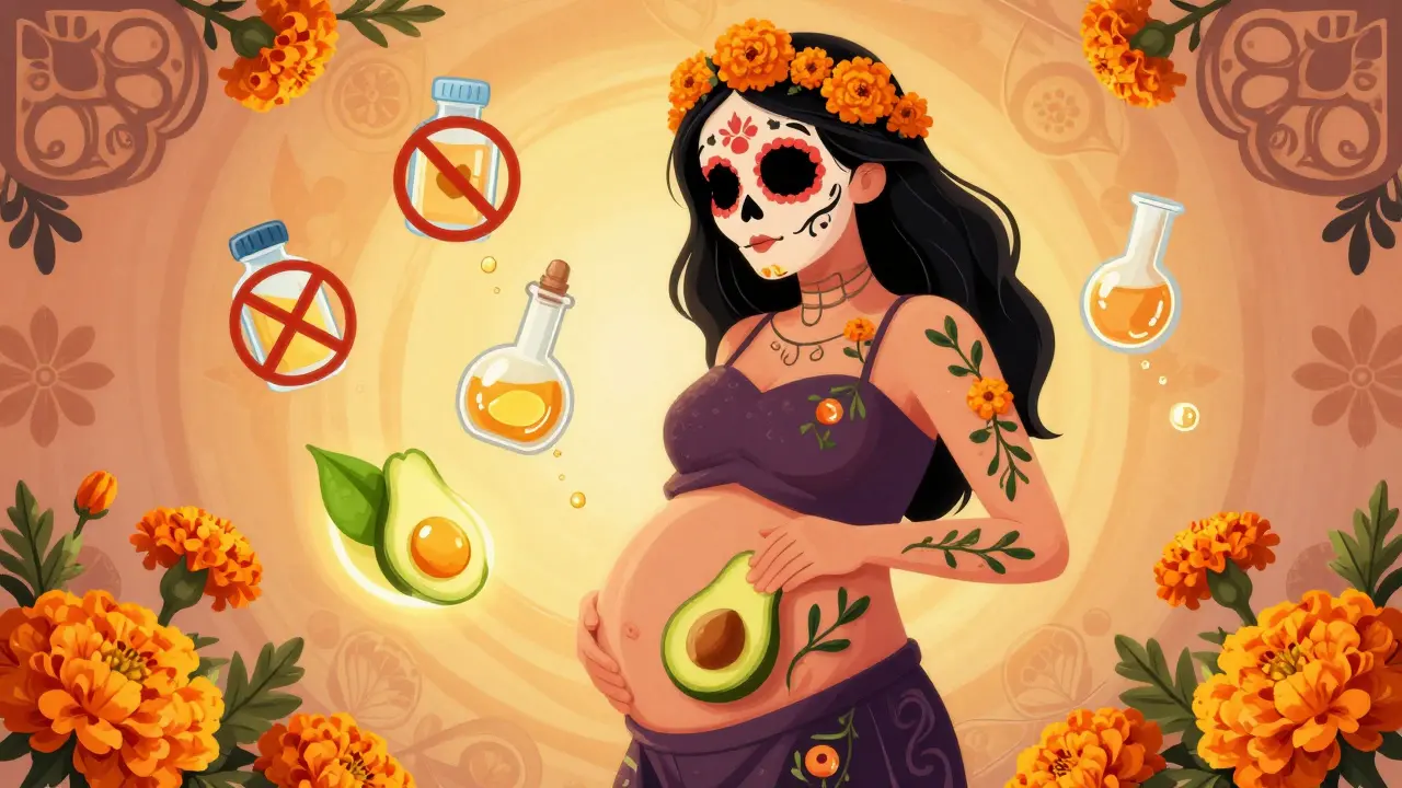 Женщина массирует масло на животе, вокруг нее — безопасные ингредиенты и запрещенные компоненты в виде цветочных мотивов Дня мертвых.