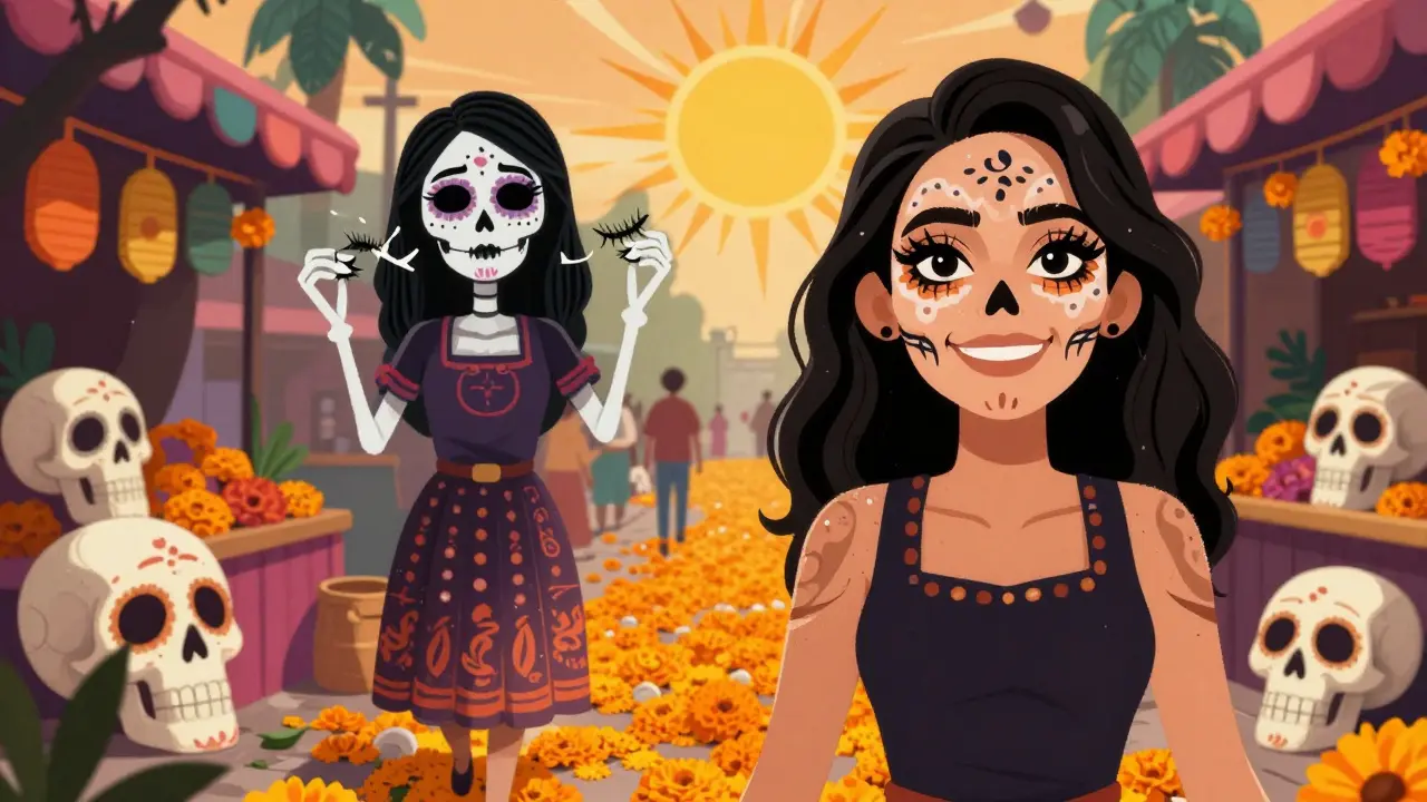 Женщина с здоровыми ресницами идёт по маригольдовому пути, за ней — призрак повреждённых ресниц.