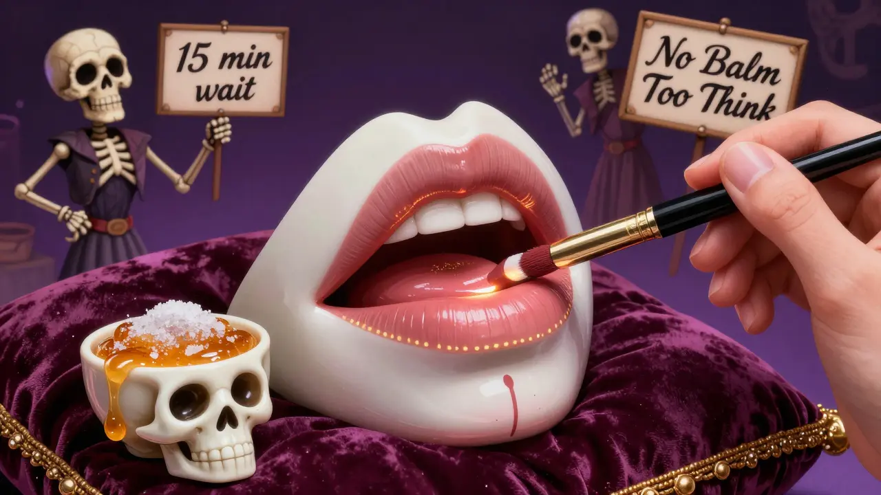 Бархатная подушка с губами, на которых нанесены три слоя помады, рядом — костяная чашечка с сахарно-мёдовым скрабом.