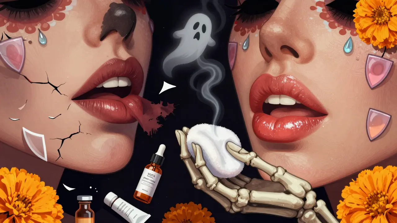 Две стороны губ: одна треснула и поблекла, другая — сияет с SPF и гиалуроновой кислотой, в окружении цветов и масла.