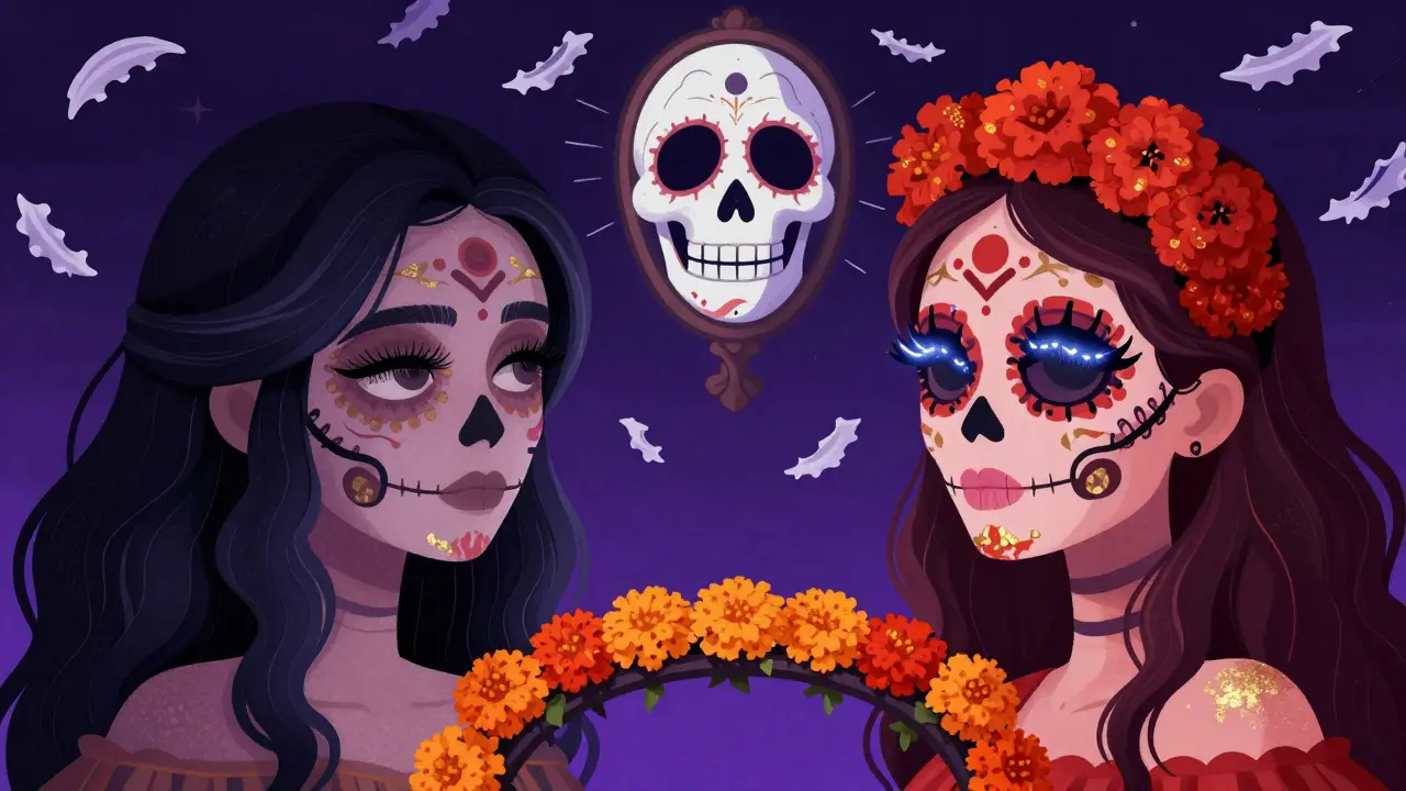 Две женщины: одна с тусклыми, другая с яркими ресницами, соединенные цветами кемпасучил в стиле Дня мертвых.