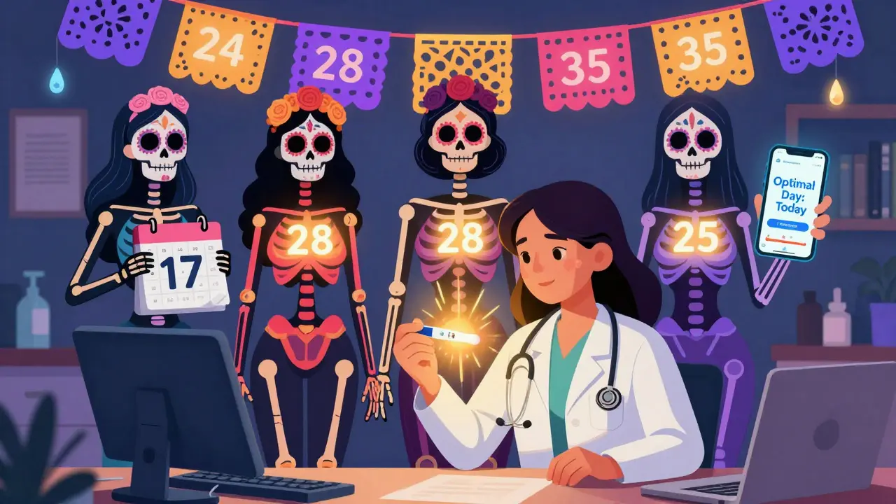 Косметолог показывает тест на овуляцию трём женщинам с разными циклами, все они — цветные скелеты с светящимися днями цикла.