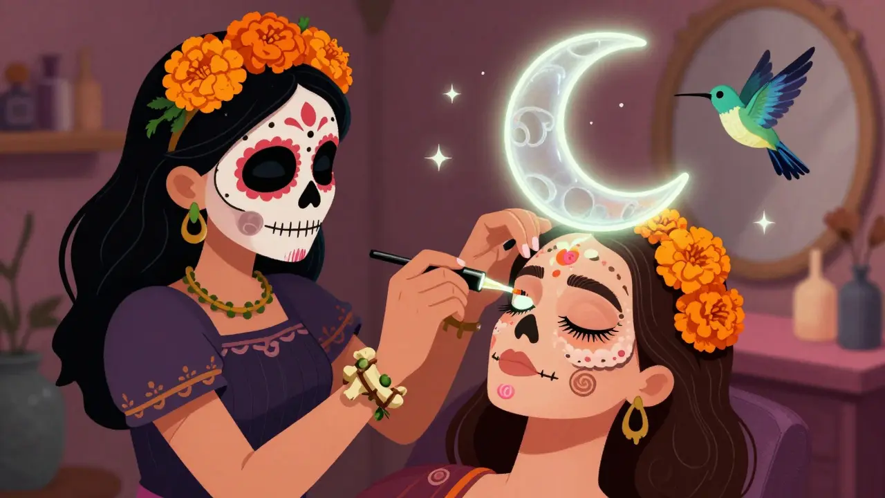 Мастер наносит сыворотку на ресницы с помощью кисти из костей и бархатцев в мистическом салоне.