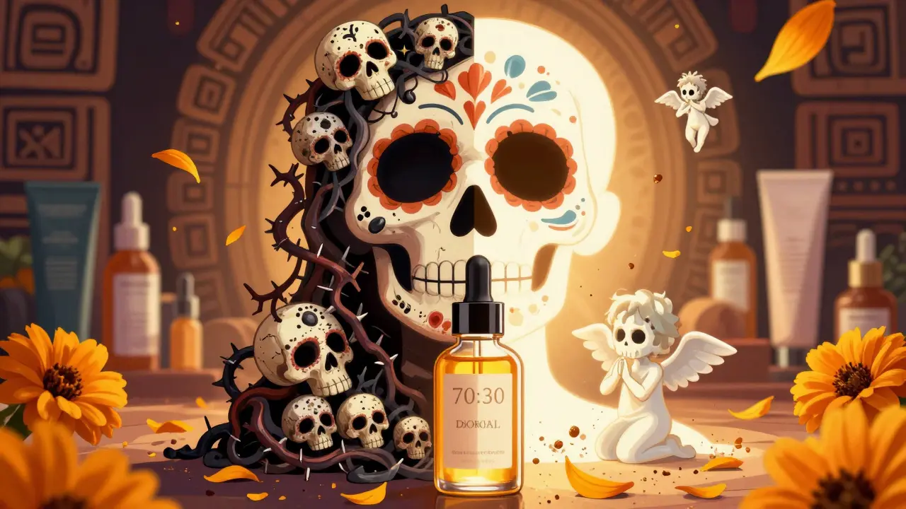 Разделённое лицо: одна сторона забита черными точками, другая — чистая, с ангелами, убирающими загрязнения.