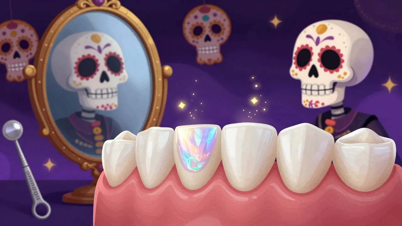 Реставрированный передний зуб с мерцающей поверхностью, пациент-череп смотрит в зеркало, вокруг — огоньки фтора.