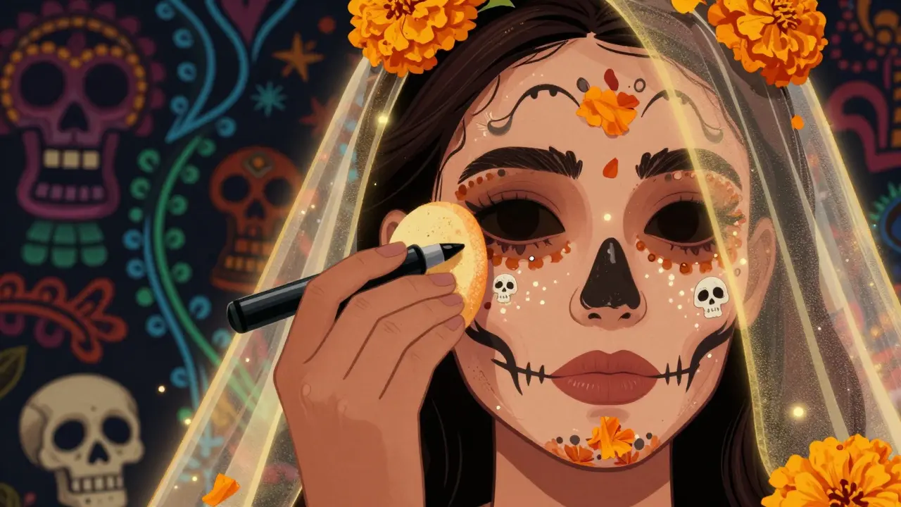 Рука наносит хайлайтер на скулу, вокруг — костяные частицы и бархатные лепестки, свет исходит из кожи.