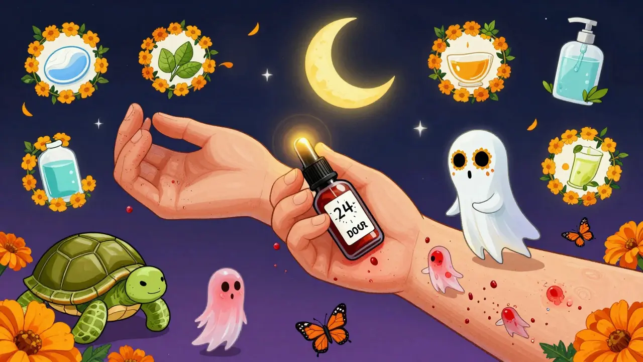 Рука тестирует гель на локте — тревожные духи убегают, а спокойные духи-животные появляются на коже, окружённые символами ингредиентов.