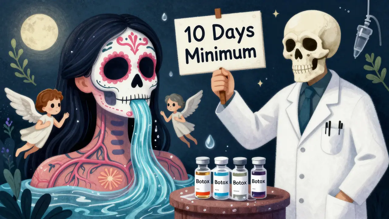 Скелеты-ангелы направляют лимфу к шее, над вакуолами — табличка 'Минимум 10 дней', без аппаратов.