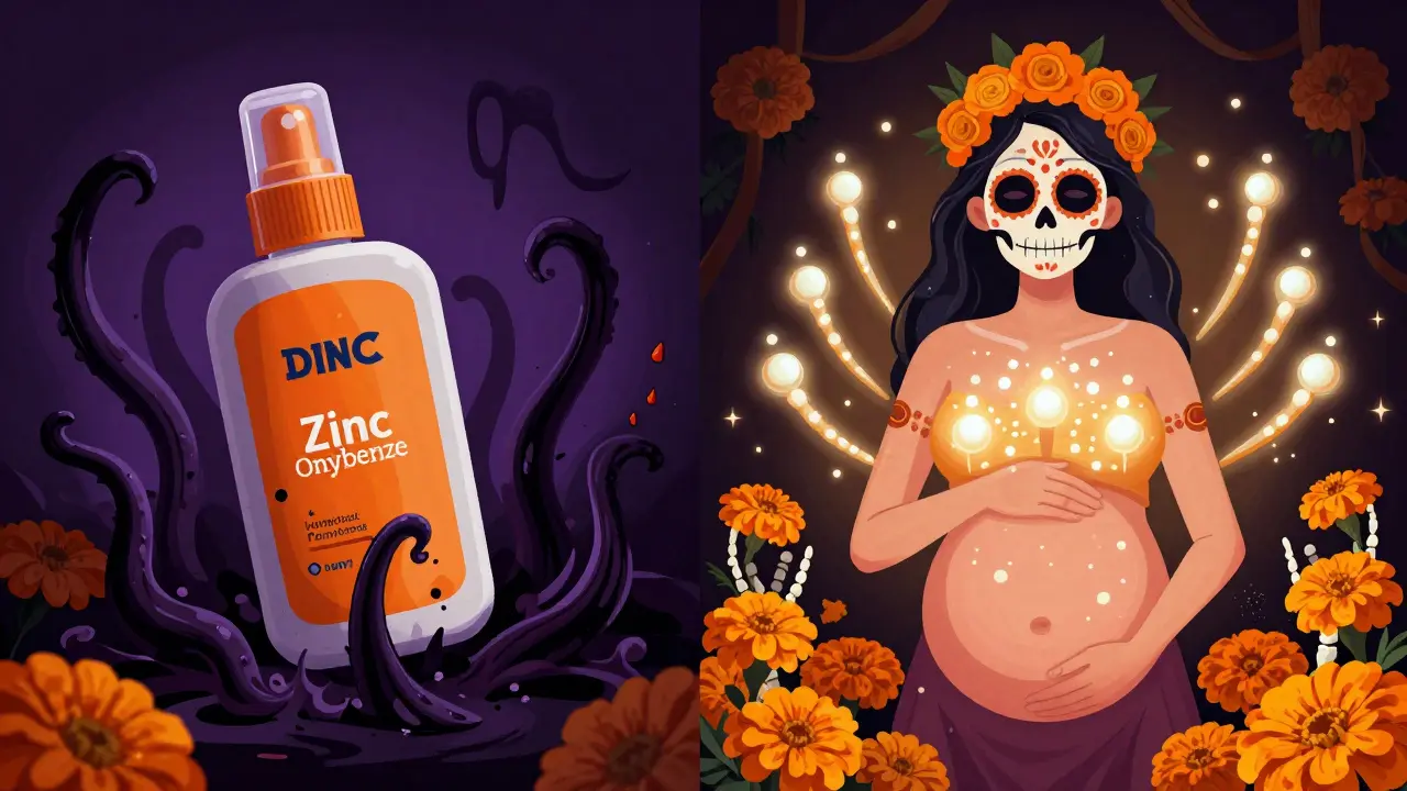 Сравнение опасной химической солнцезащиты и безопасной минеральной — в стиле Дня мёртвых с символами тьмы и света.