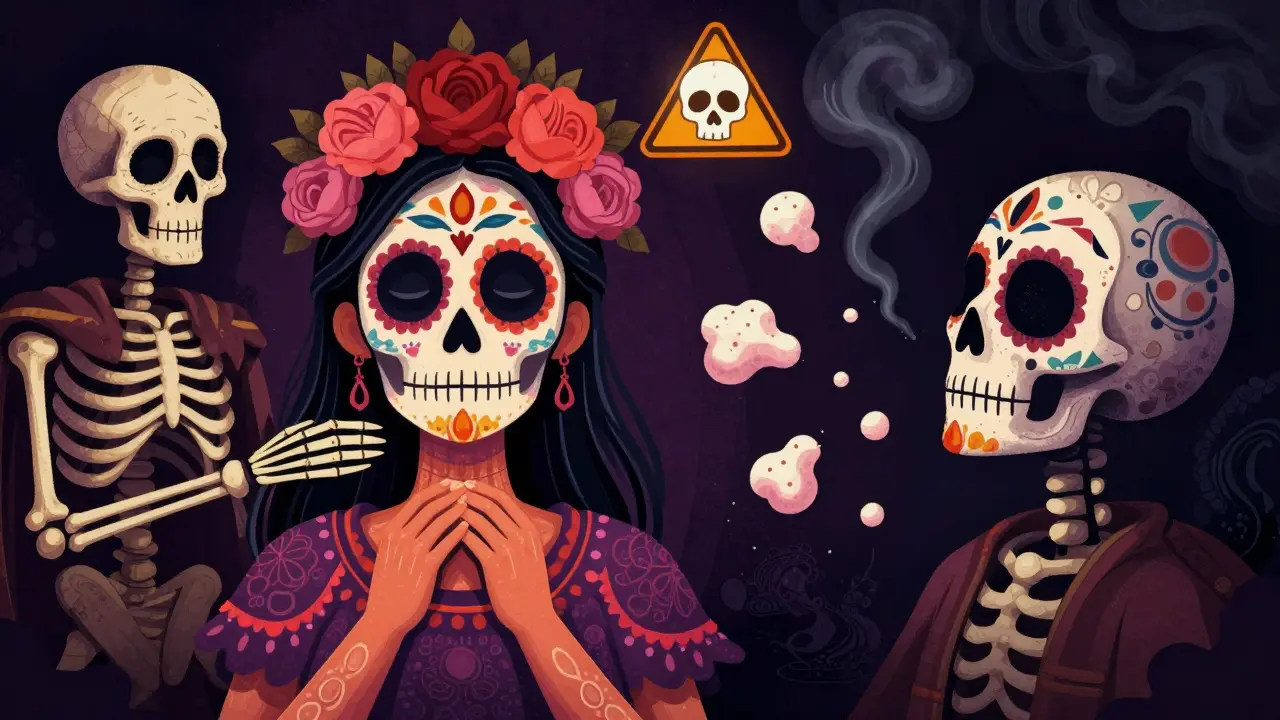 Сравнение: здоровое лицо после 14 дней и искажённое из-за раннего массажа, с плавающими филлерами и предупреждающим черепом.