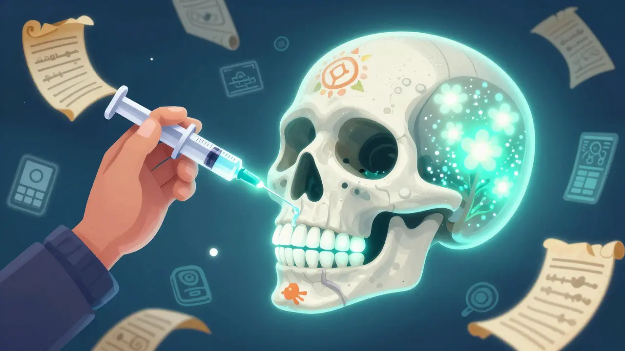 Трёхмерная челюсть с светящимися каналами, наполненными цветущими частицами, в стиле Дня мёртвых с элементами фольклора.