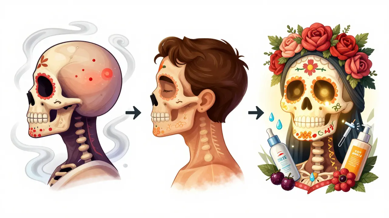 Три черепа, показывающие этапы восстановления кожи: день 1, день 5 и день 7 после процедуры.