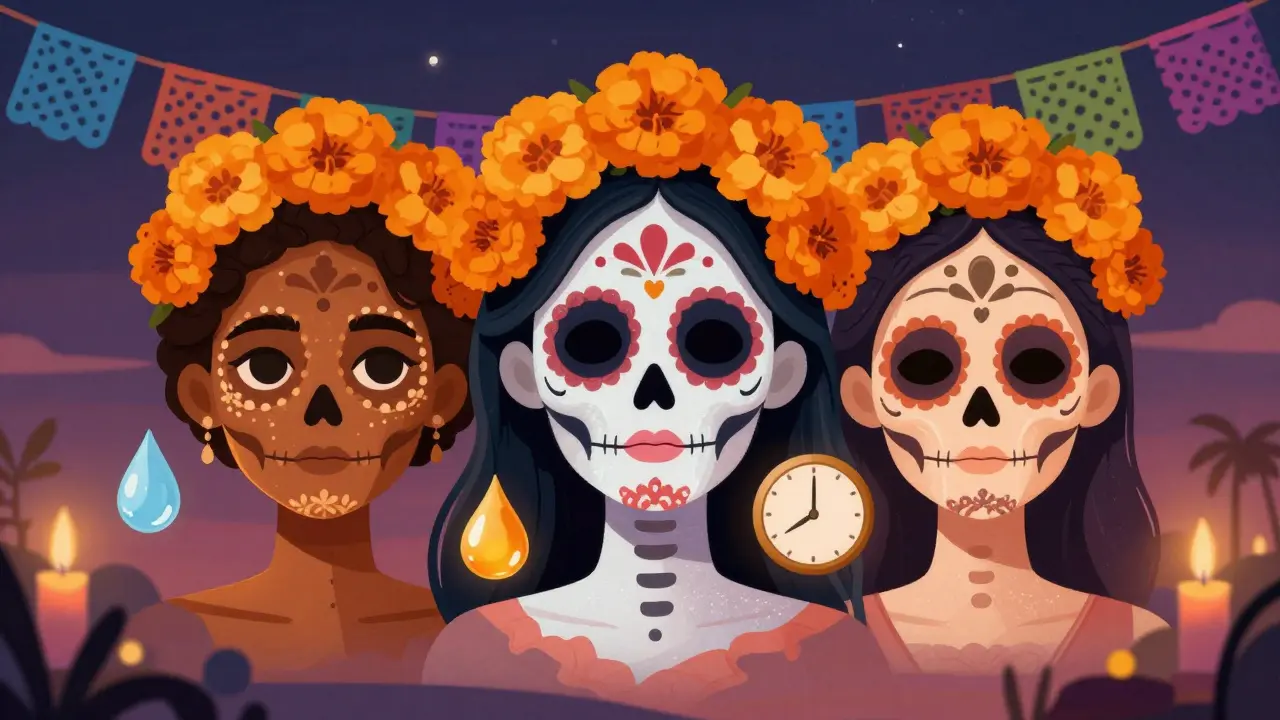 Три лица с разными подтонами, каждое с костяными узорами и бархатными венками, вокруг — символы ухода за кожей.