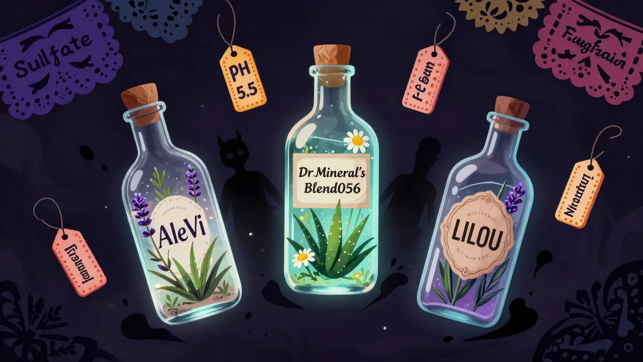 Три светящиеся бутылки с натуральными ингредиентами против разрушающихся бутылок с сульфатами и отдушками, в стиле Дня мёртвых.