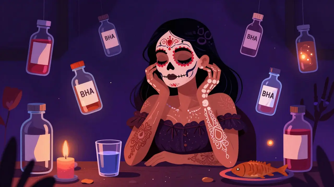 Женщина 30 лет окружена пептидами и ретинолом, её кожа становится сияющей в ночном свете.