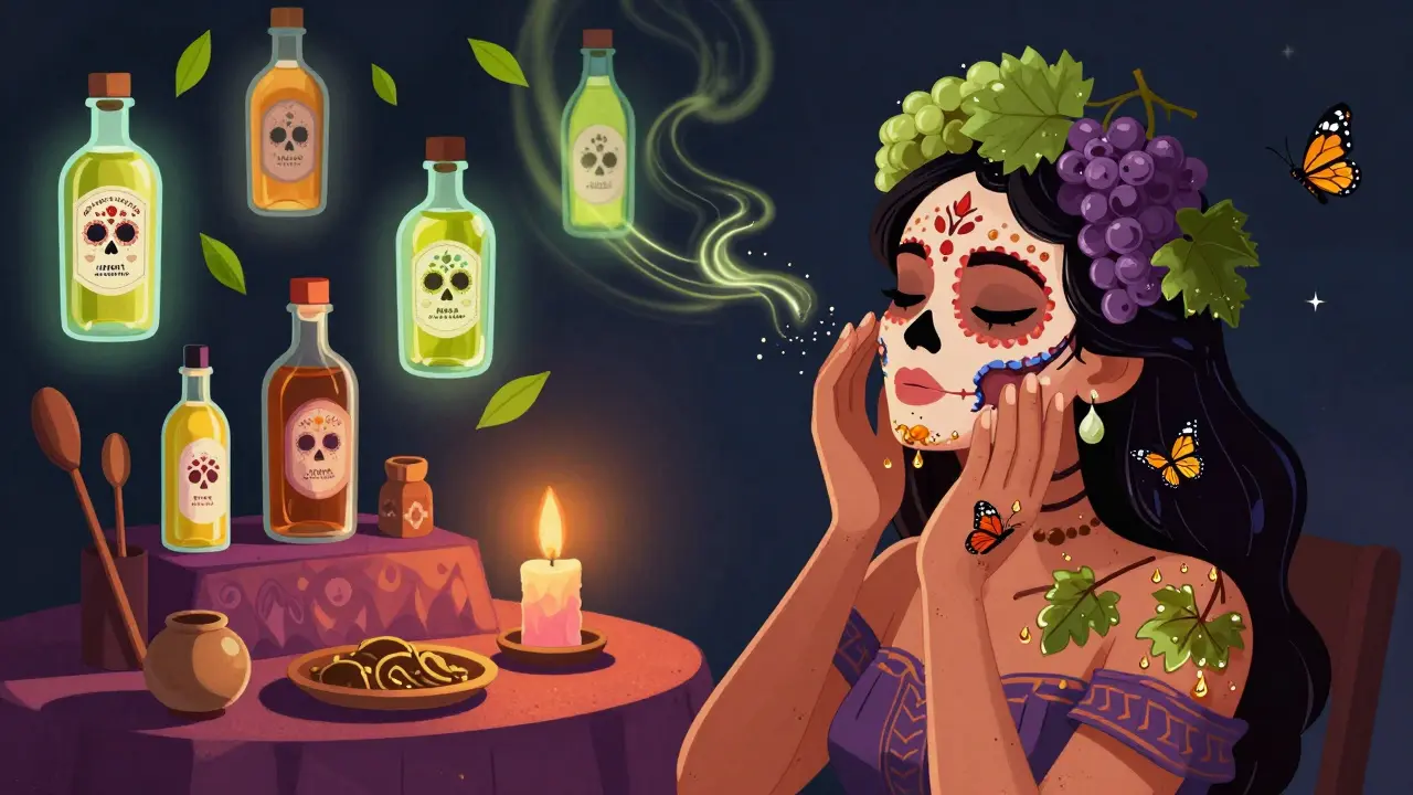 Женщина массирует лицо маслом, вокруг которой летят бабочки из масел и листья зелёного чая.