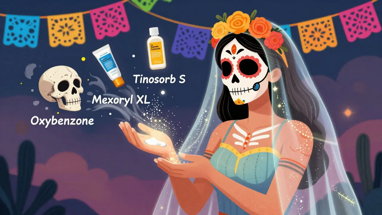 Женщина наносит солнцезащиту, как ритуал: светящиеся частицы образуют защитный барьер, а запрещённые ингредиенты превращаются в пепел.