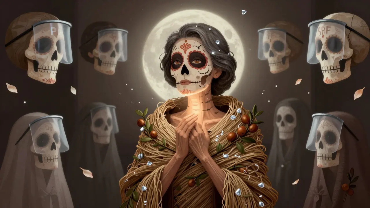 Женщина после 50 в плаще из керамидов, вокруг неё светящиеся щиты SPF и танцующие скелеты.