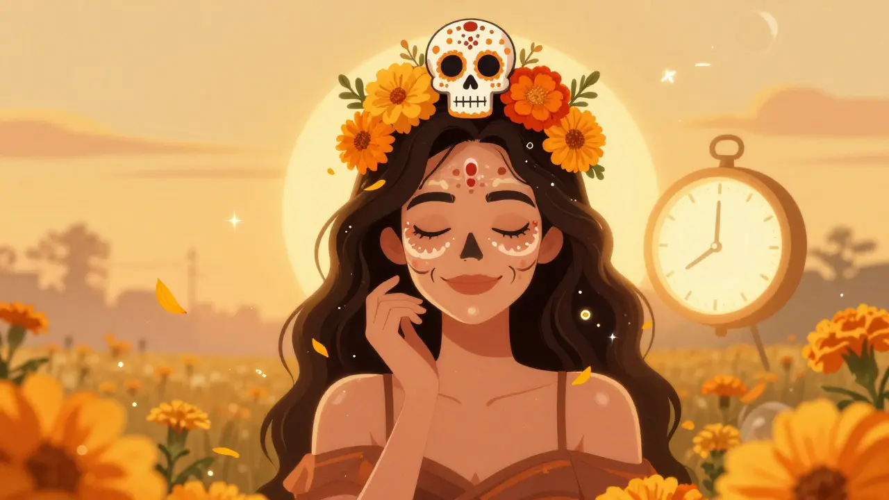 Женщина в овуляторную фазу, окружённая сияющими каплями гиалуроновой кислоты и мариголдами, с сахарной черепашкой-короной.