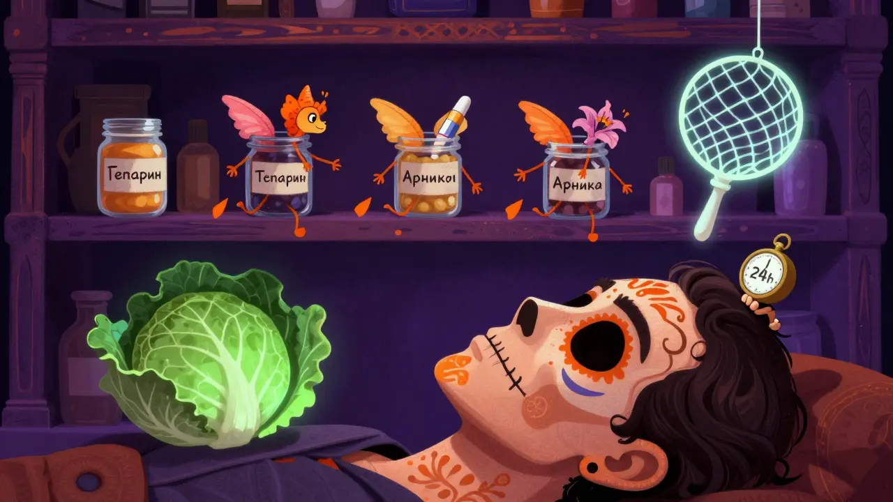 Анимированные мази с крыльями на полке, лечат лицо, рядом — лист капусты и йодная сетка в стиле Дня мёртвых.