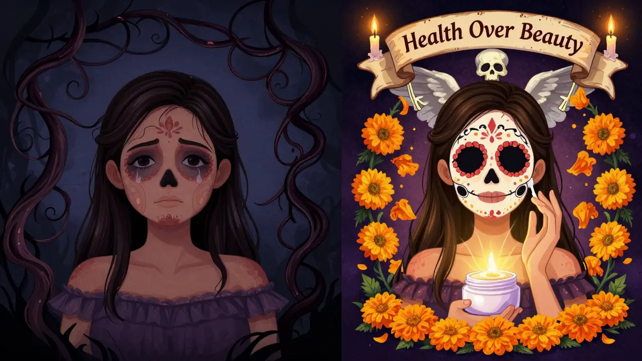 Диptyх: слева — отёчное лицо с некрозом, справа — женщина с естественным сиянием, окруженная защитными лепестками.