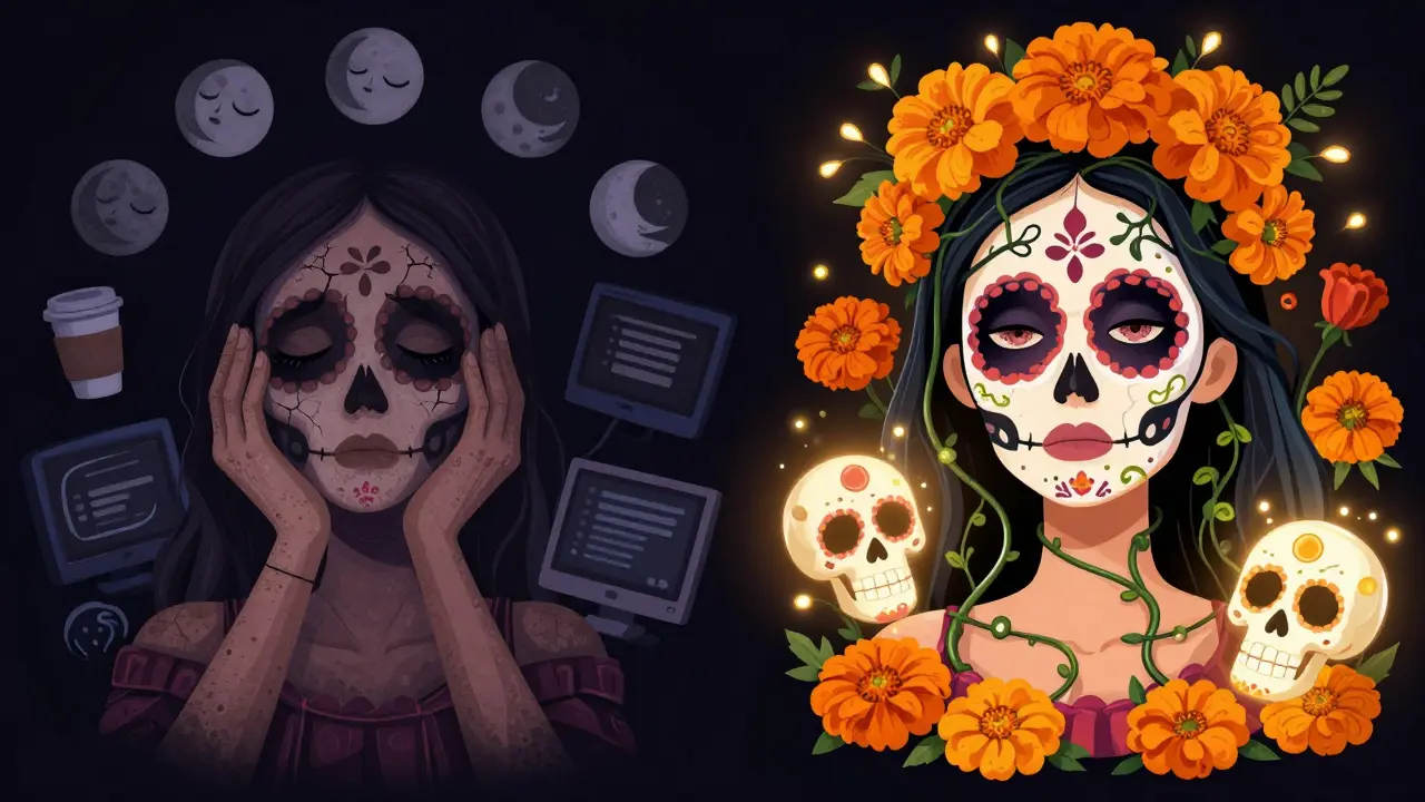 До и после: тусклая кожа с трещинами и яркая, здоровая кожа с цветами и нитями гиалуроновой кислоты.