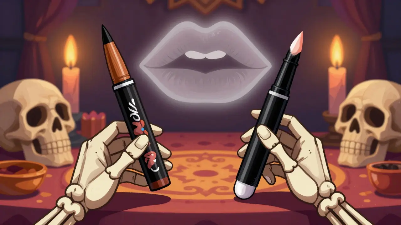 Два контурных карандаша — деревянный и пластиковый — как ритуальные предметы на алтаре с черепами и свечами.