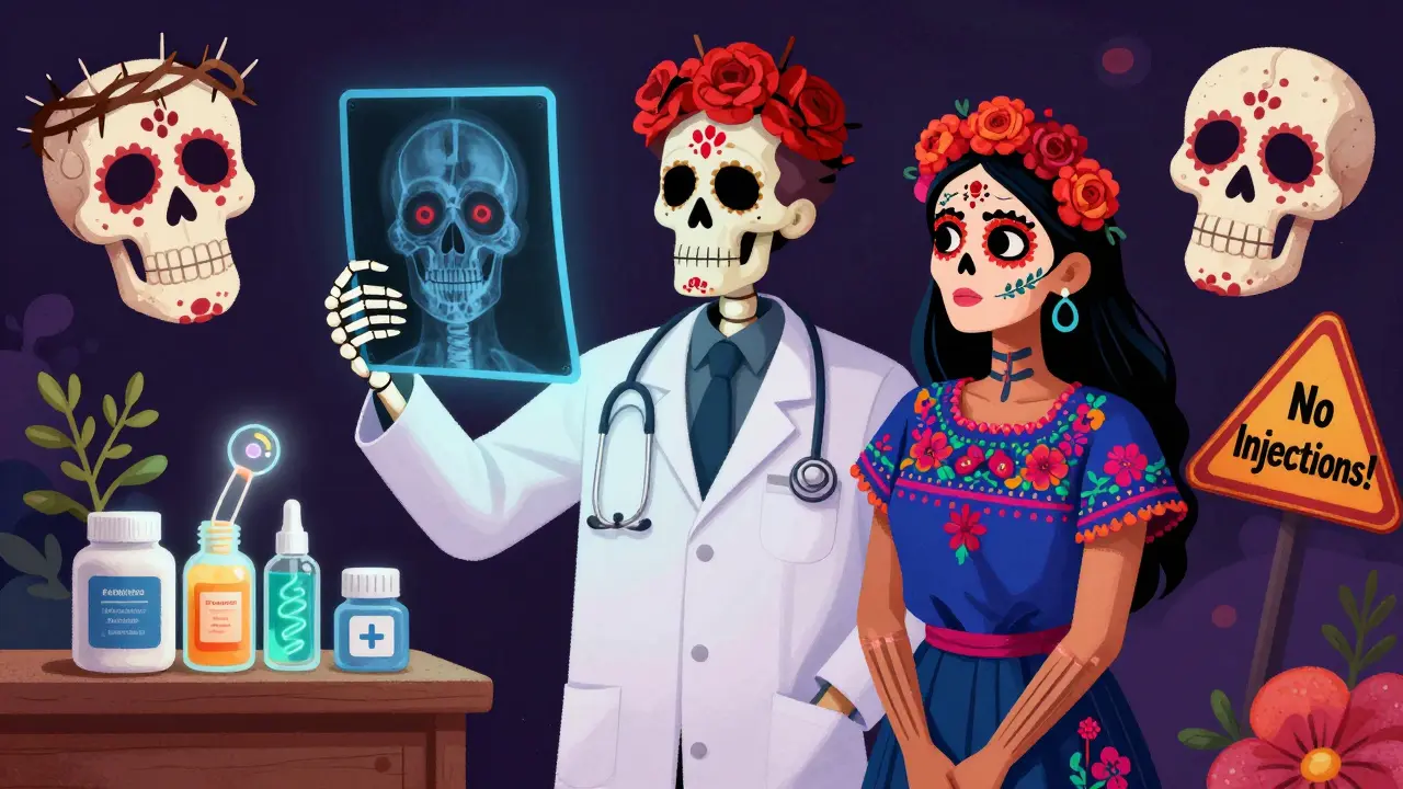 Медицинский скелет показывает рентген с воспалительными узелками под кожей, рядом — предупреждающие черепа.