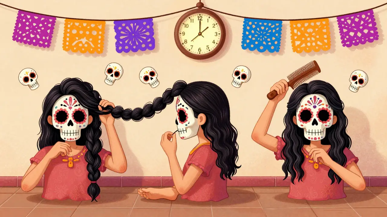 Пошаговый ритуал распутывания волос: пальцы, расческа и скелеты-помощники, символизирующие экономию времени и заботу о волосах.