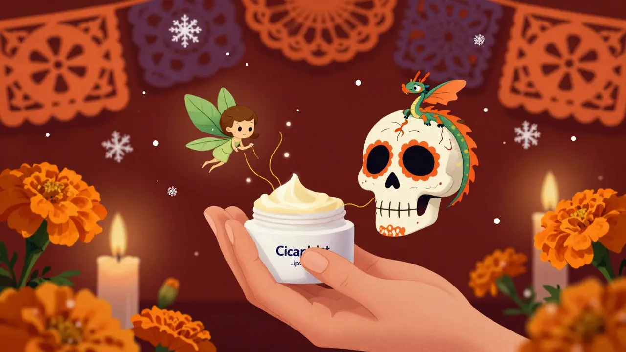 Рука наносит бальзам на губы-череп, где из него выходят волшебные духи, залечивающие трещины.