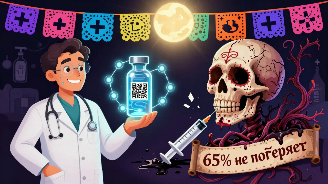 Слева — легальный шприц с блокчейн-цепочкой, справа — разрушающийся шприц с некрозом на лице, вокруг — цветы и символы.