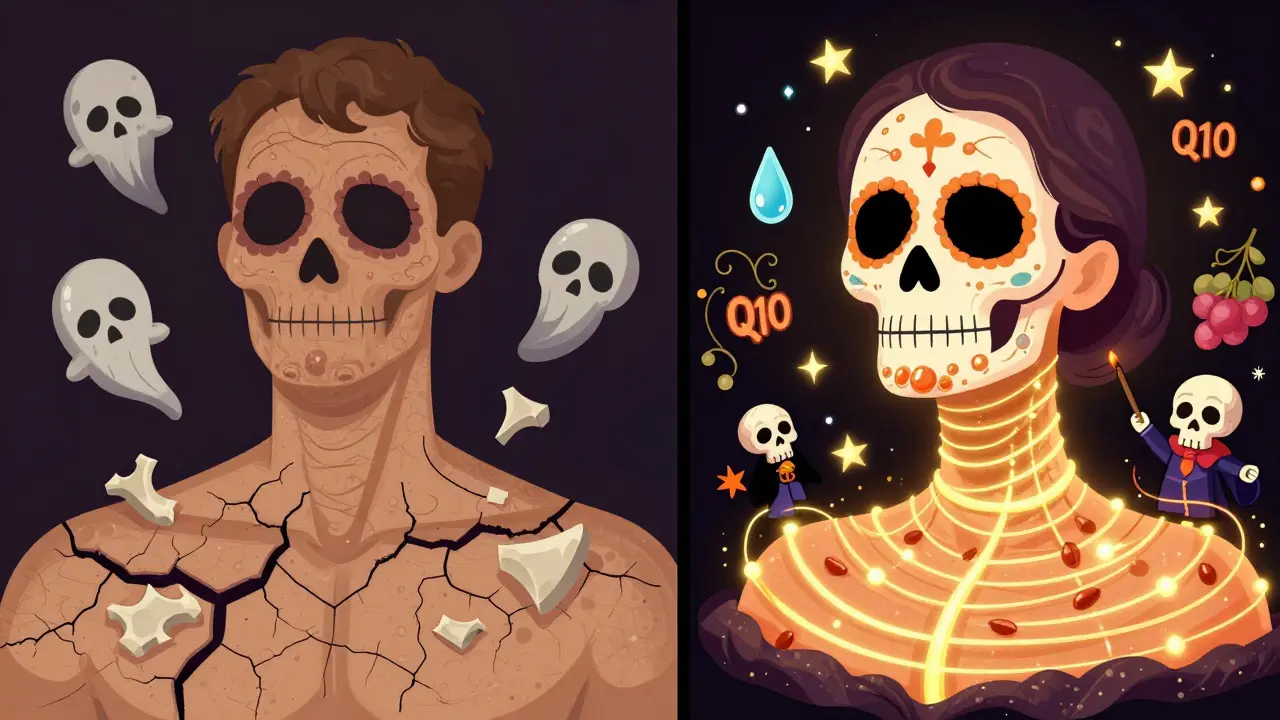 Сравнение сухой кожи с морщинами и омоложенной кожи с glowing пептидами в стиле Дня мёртвых.