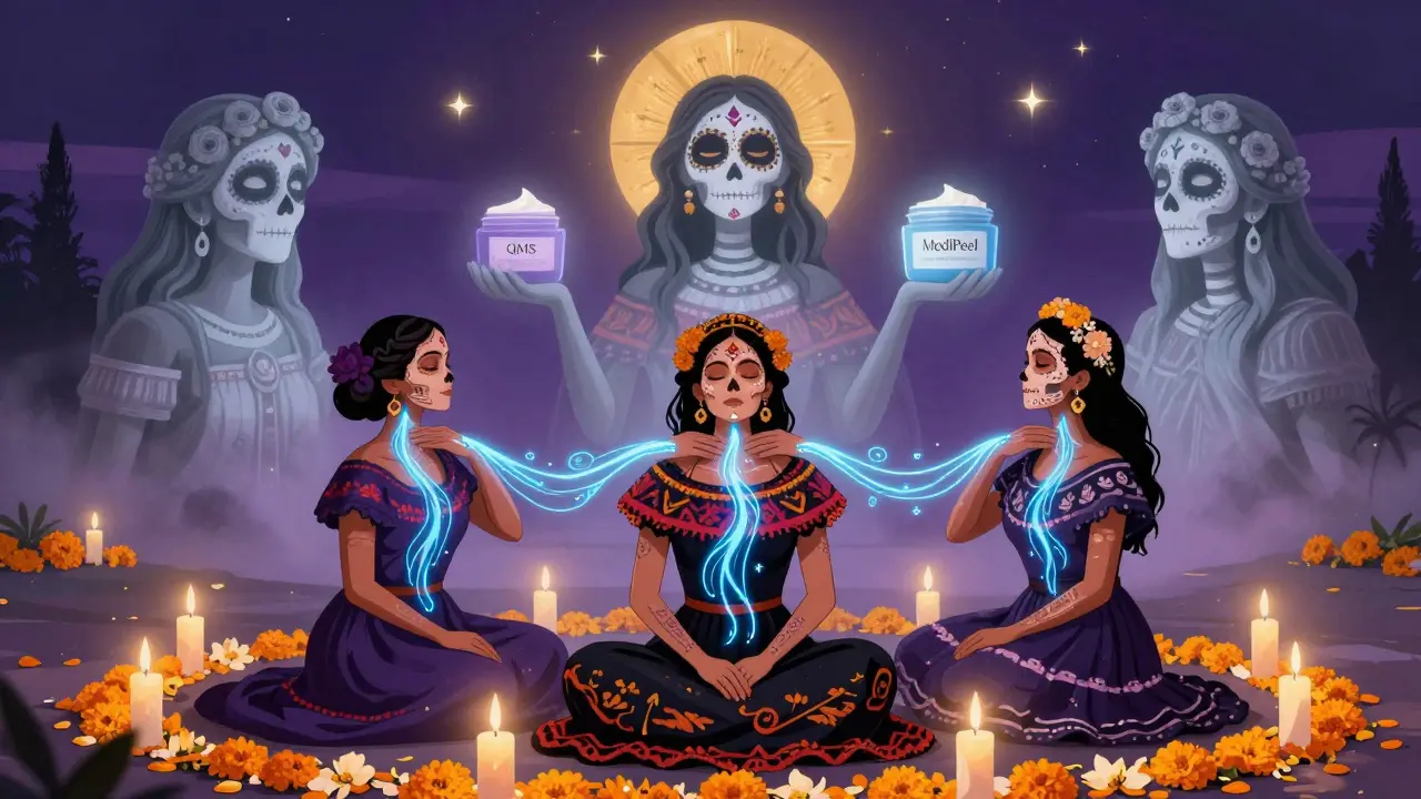 Три женщины делают массаж шеи в ритуальном стиле Дня мёртвых, вокруг них светящиеся ингредиенты кремов.