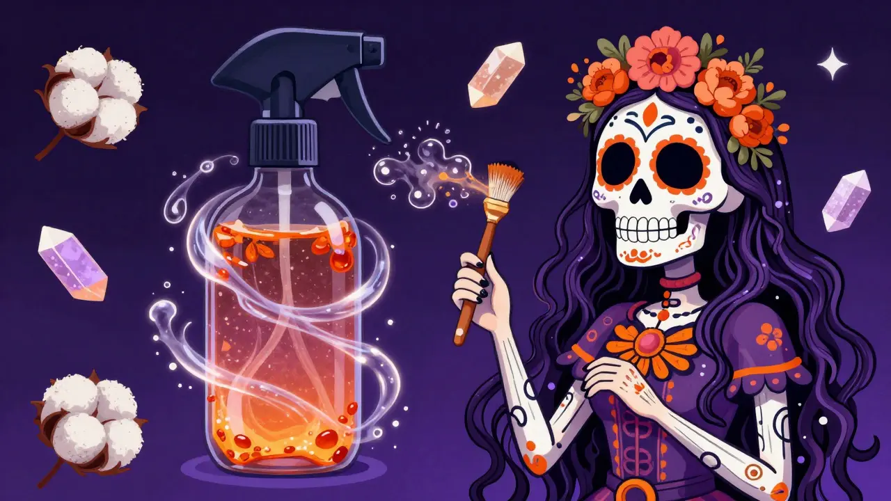 Волшебный спрей с маслом и пептидами обволакивает волосы, как живые лозы, в стиле скелетов и цветов Дня мертвых.