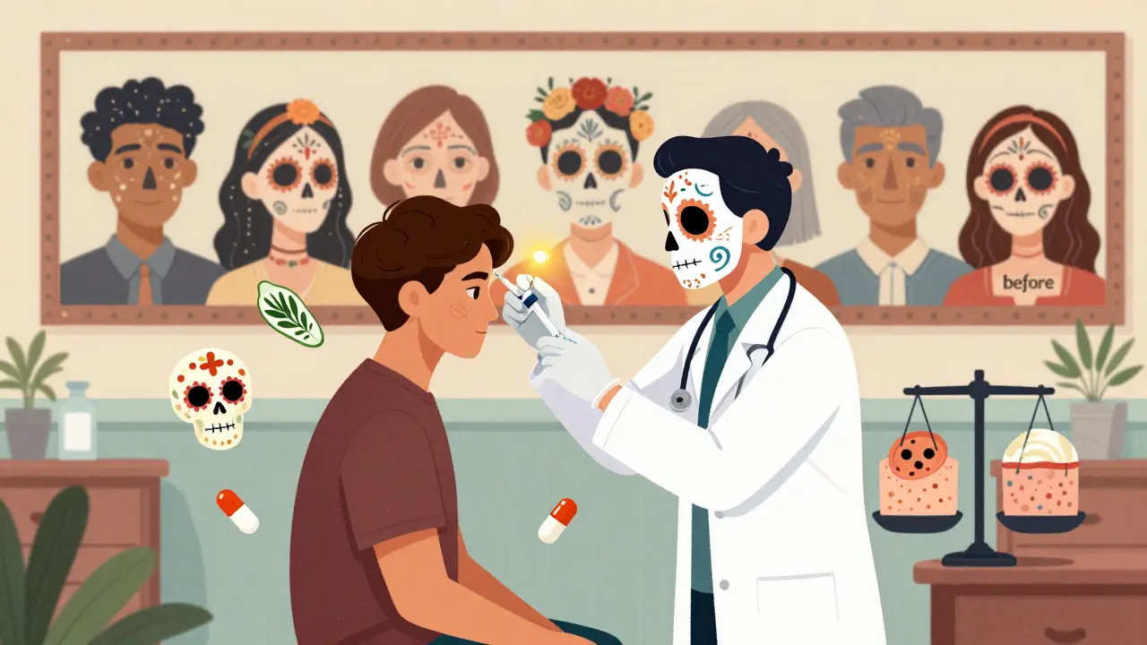 Врач делает инъекцию пациенту, вокруг — летающие витамины и черепа, символизирующие профилактический уход за кожей.