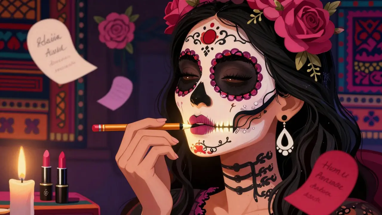 Женщина наносит контур, а карандаш превращается в ветвь с черепами, вокруг — плавающие оттенки помады в стиле Дня мертвых.