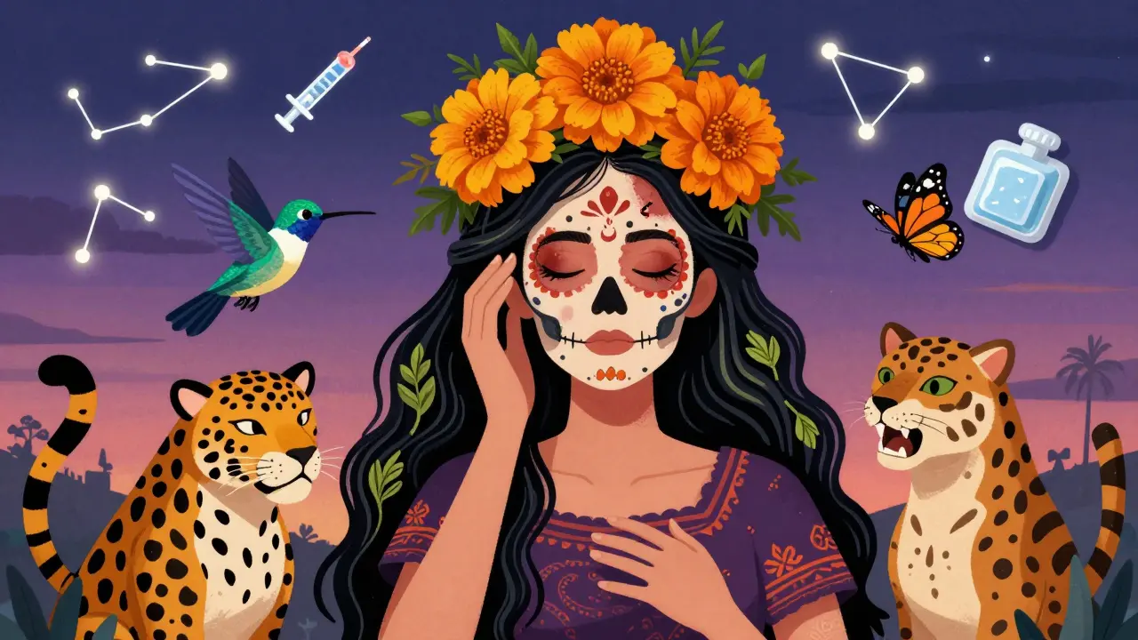 Женщина с исчезающим синяком, превратившимся в цветок, вокруг — духи-животные и символы витамина С в стиле альбрихе.