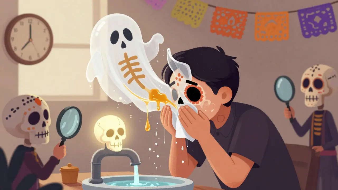 Человек умывается утром, а прозрачная салфетка поглощает жир с лица, образуя костяные узоры, вокруг — падающие лепестки и часы.