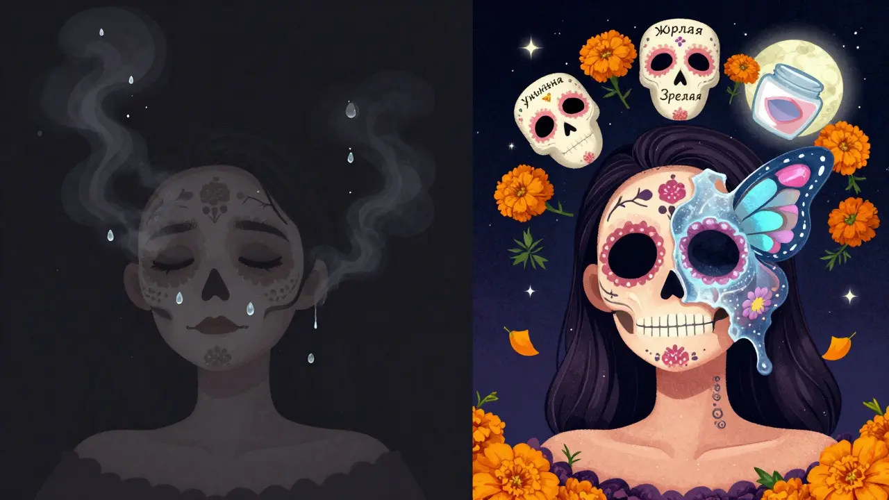 До и после: лицо снимает маску, обнажая сияющую кожу с узорами скелетов в стиле Дня мертвых.