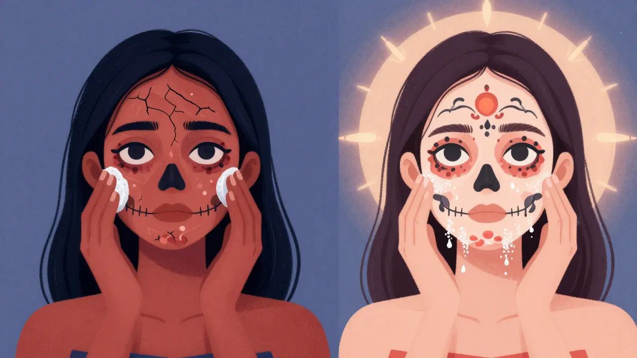 Два лица: одно раздраженное с трещинами, другое сияющее — символ правильного и неправильного ухода.