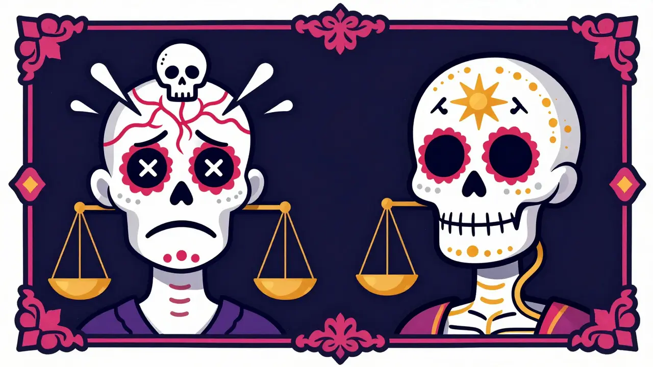 Двойственная сцена: головная боль слева, облегчение справа, разделенные скелетами в стиле Дня мертвых.