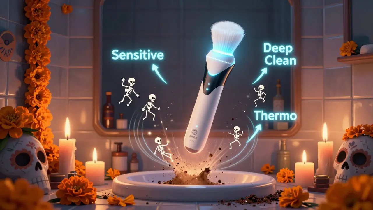 Электрическая щетка очищает лицо, превращая грязь в танцующие скелеты под светом маргариток.