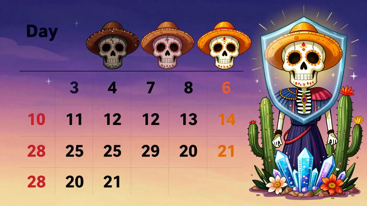 Календарь с черепами в солнцезащитных шляпах, показывающий переход от повреждения к защите.